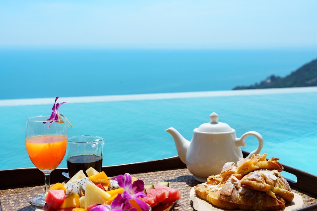 Tropical breakfast with ocean view by Villa 369 infinity pool, Koh Samui morning